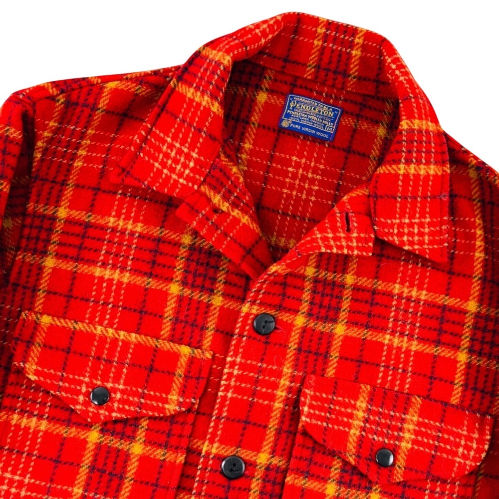 Vintage 60s Pendleton Plaid Wool Shirt Mens Red Black Button Up Flannel Medium
